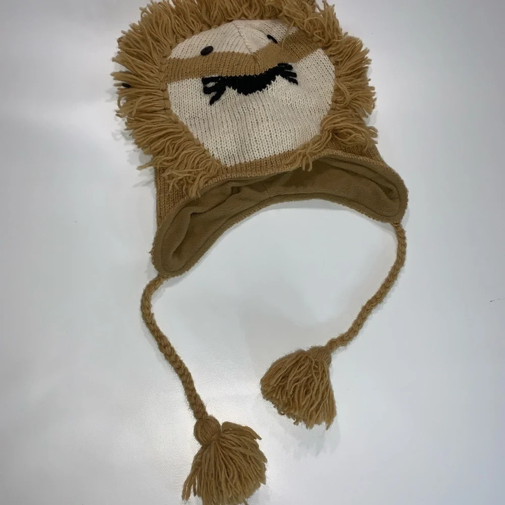 Lion Beanie Peace 100% Wool Large Warm Cozy Zoo Animal Theme Brown Khaky